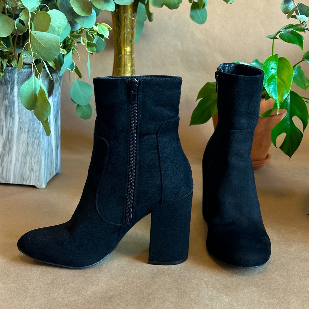 Black suede high heeled ankle boots | Size 7